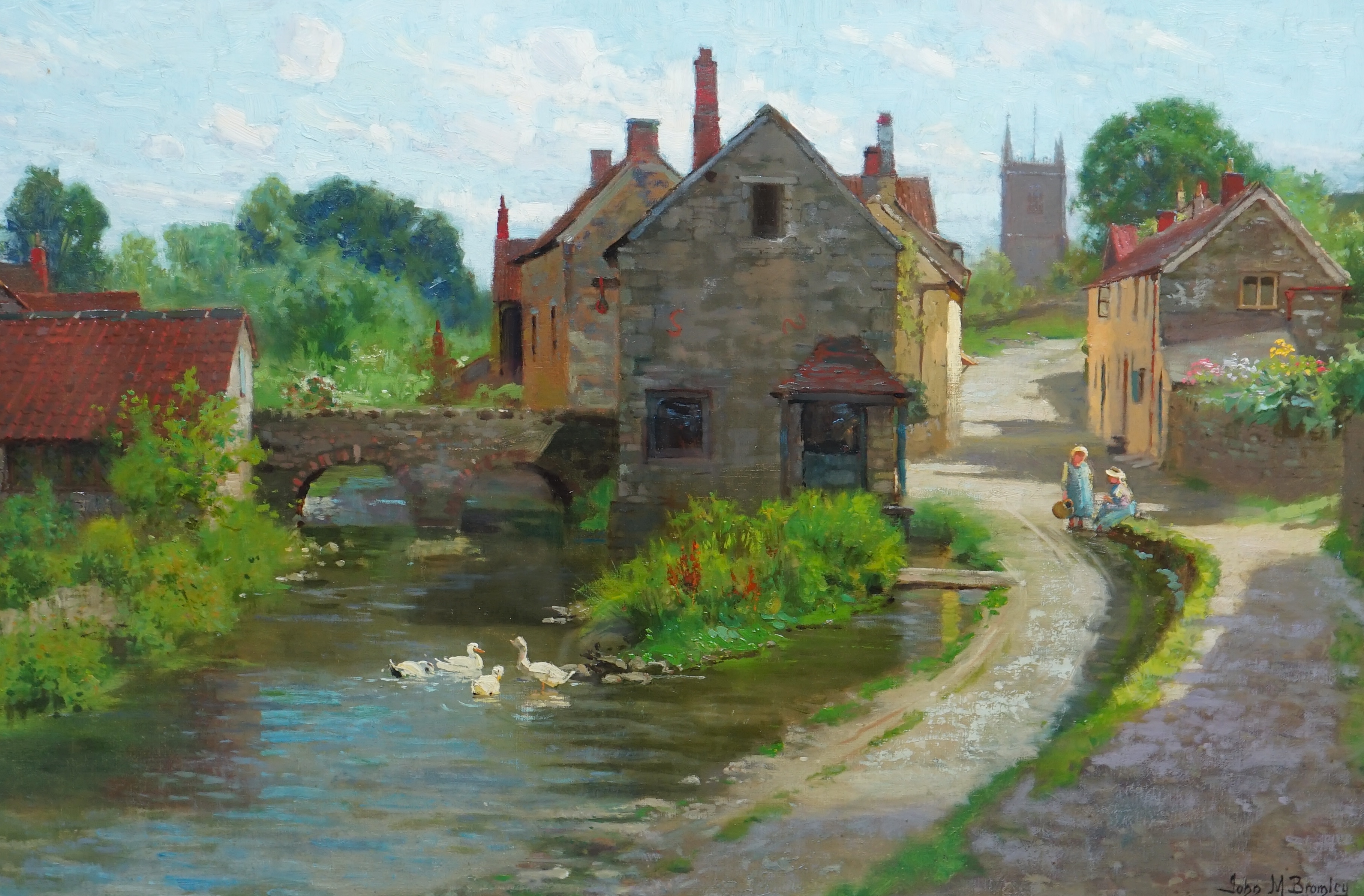 John Mallord Bromley (English, 1858-1939), Village scene with ducks on a stream, oil on canvas, 49 x 74cm